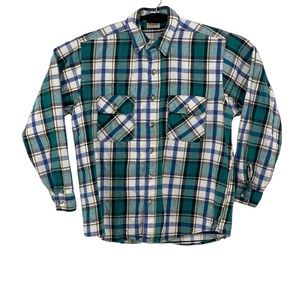 FIVE BROTHER Vintage 90s Green Blue Flannel Shirt Mens Heavy Flannel Work Shirt
